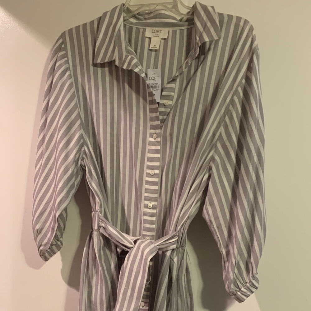 BNWT! Gray/White Striped Loft Shirt Dress - Size M